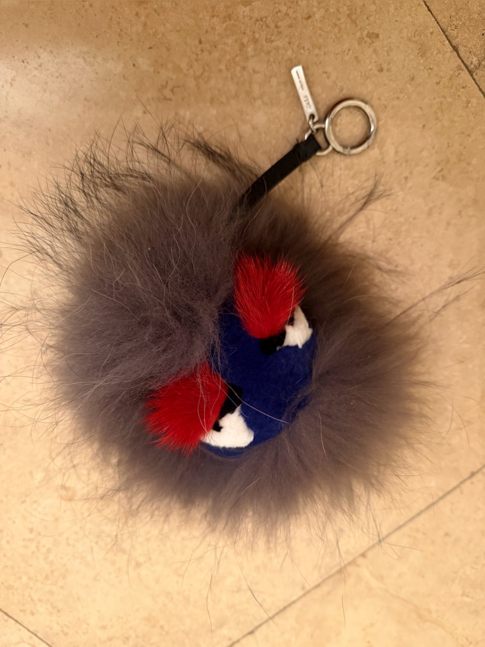 Fendi Gray Fur Pom-Pom Monster Bag Charm with Blue, Red and White Face, auth